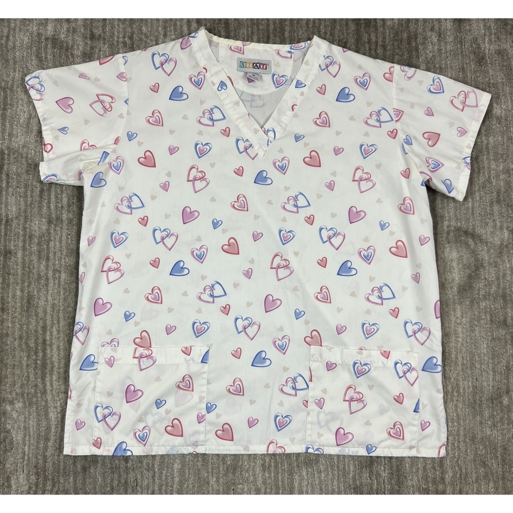 STAT Scrub Top Womens Medium White Pink Blue Heart Print V-Neck S/S Pocket
